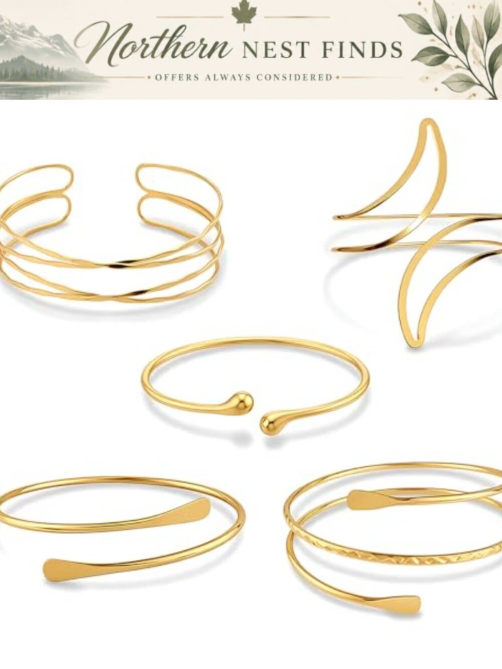 5 Pc Gold Arm Cuff Bracelets Adjustable Upper Armbands Alloy Women Jewelry
